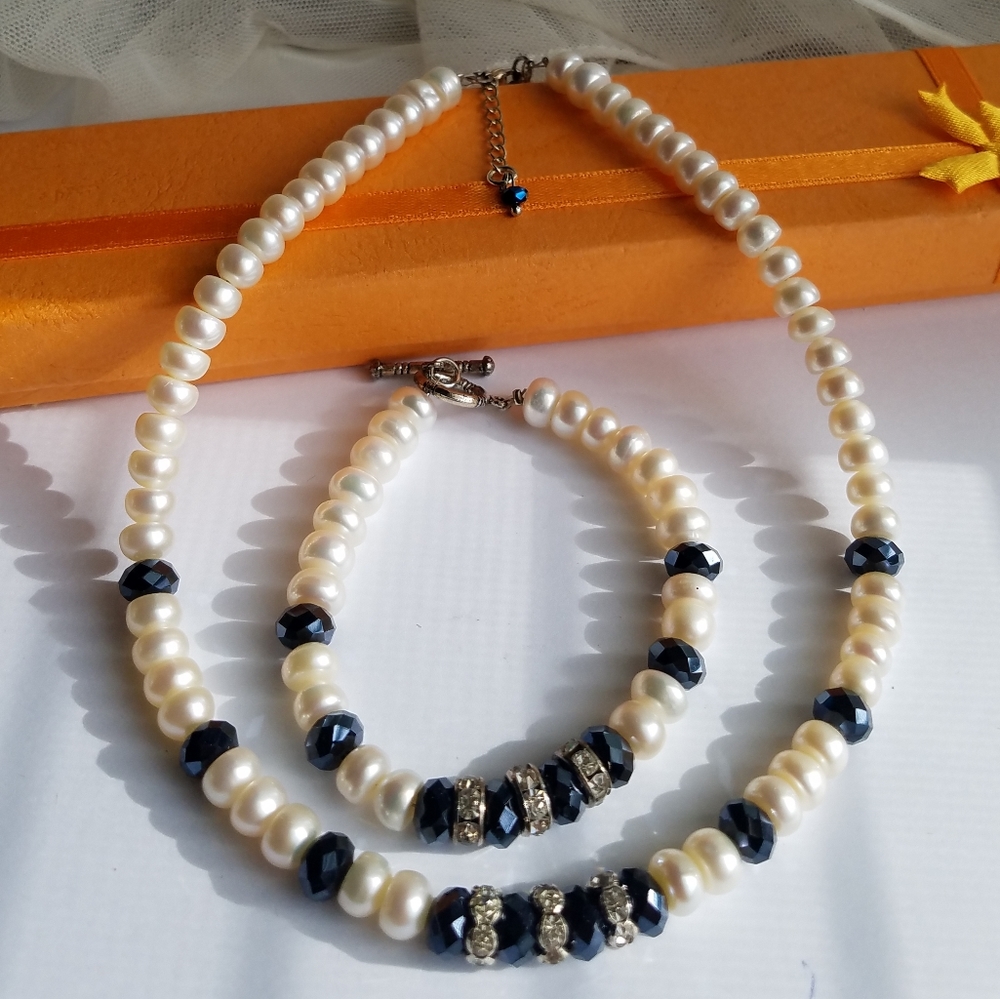 Swarovski Elements & Genuine Pearls Choker Necklace & Bracelet Set NWT